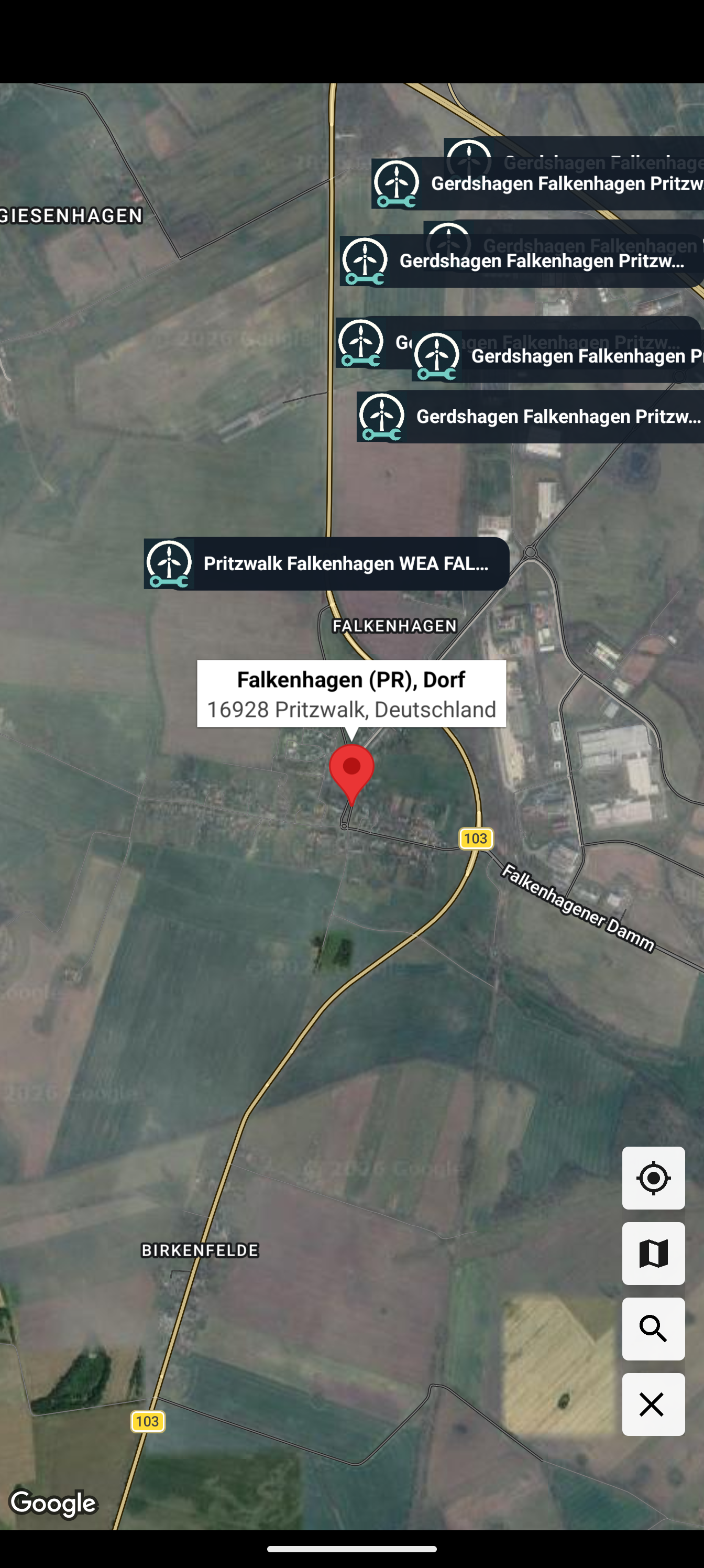 Originální pohled na aplikaci WindPower: Satelitní karta s zařízeními u Falkenhagenu